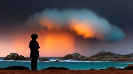 Obraz premium Silhouette of person gazing at vibrant sunset cloud formation over ocean landscape