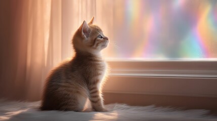 A curious kitten gazes out a window, bathed in soft light, capturing a moment of wonder and tranquility.