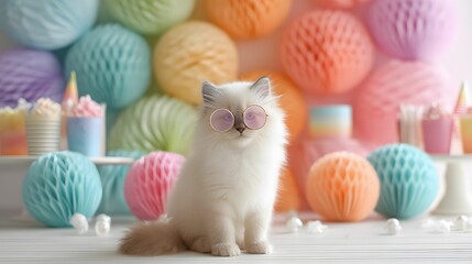 A fluffy white cat wearing glasses sits in front of colorful paper decorations, creating a playful and festive atmosphere.