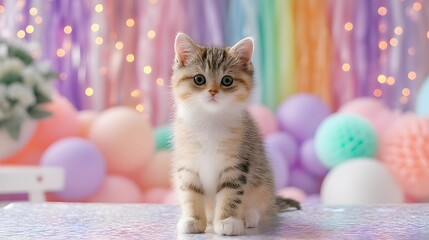 A cute kitten with big eyes sits on a shiny surface, surrounded by colorful balloons and soft decorations, creating a festive and cheerful atmosphere.