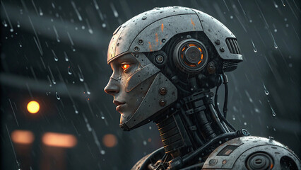 Fototapeta premium Futuristic Robot Standing in the Rain, Its Metallic Body Gleaming Under the City Lights, Encapsulating a Vision of Advanced Technology and Artificial Intelligence in a Gritty, Atmospheric Urban Settin