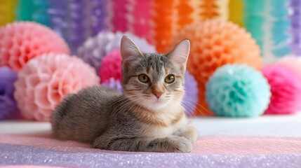 A cute gray kitten lounges in front of colorful paper decorations, creating a vibrant and playful atmosphere.
