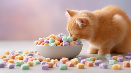 A curious orange cat sniffs a bowl filled with colorful, pastel sugar cubes, surrounded by scattered cubes on a soft surface.