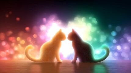 Two colorful cats face each other, set against a vibrant, glowing background filled with bokeh lights.