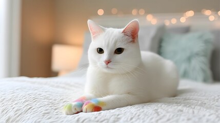 A fluffy white cat with colorful paws rests on a bed, showcasing a cozy and serene indoor atmosphere.