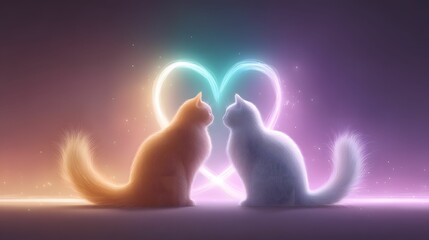 Two cats, one orange and one white, sit facing each other, surrounded by a glowing heart shape in a vibrant, colorful background.