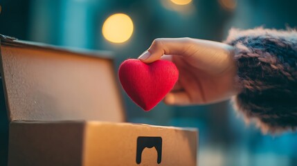A kind hand places a heart-shaped gift in a donation box.