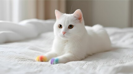 A fluffy white cat with colorful paws relaxes on a light bed, embodying a cozy and playful atmosphere.