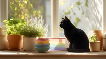 A serene scene featuring a black cat sitting by a window, surrounded by vibrant plants and colorful bowls, capturing a cozy and tranquil atmosphere.