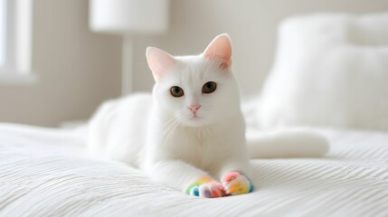 A fluffy white cat rests on a bed, showcasing colorful paw pads and a serene expression, blending comfort and charm in a cozy setting.