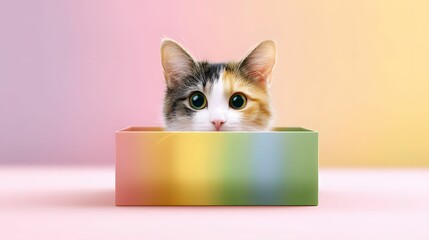 A cute cat peeks out from a colorful box against a soft gradient background, creating a playful and vibrant scene.