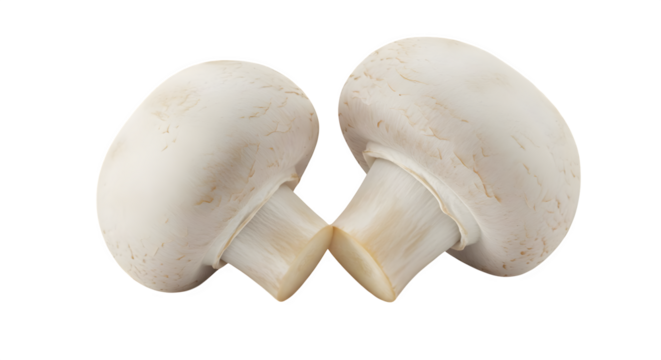 Two white button mushrooms close together on a plain black background png, jpeg, jpg, transparent background, white background. isolated on transparent background
