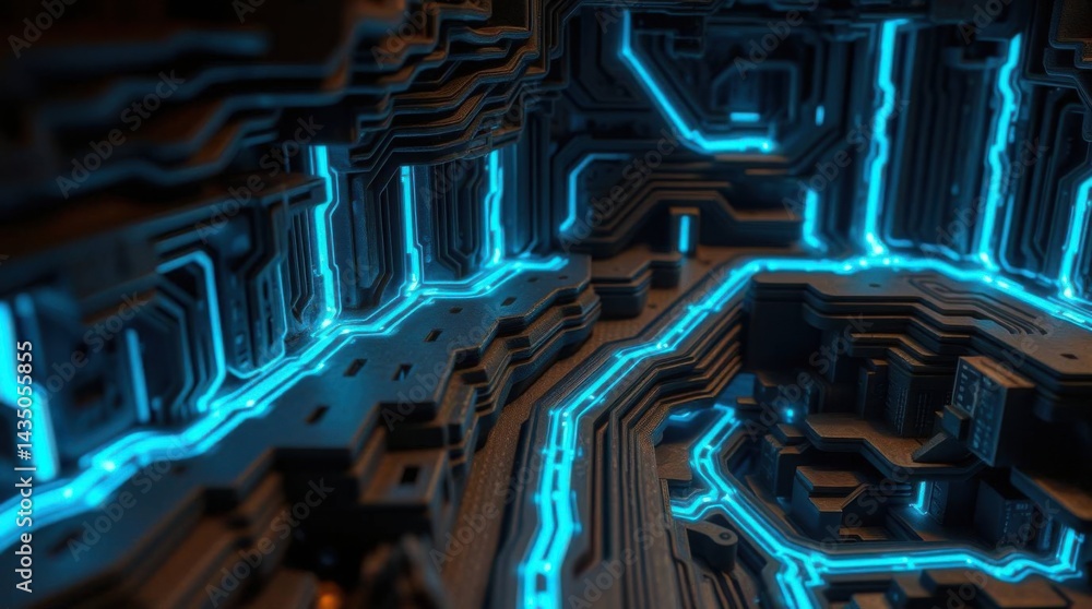 Poster futuristic technology circuit board pattern with glowing blue lines