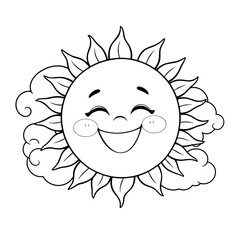 Joyful Cartoon Sun with Swirling Clouds, Line Art Illustration
