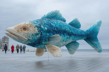 Giant fish sculpture made of driftwood on sandy beach, under bright sun, ocean waves in background.