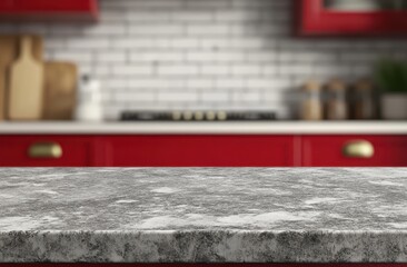 Elegant Kitchen Countertop Display Background Featuring Red Cabinets and Stylish Backsplash