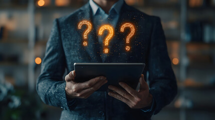 A businessman holding a tablet with question marks floating above it, on the right side of his hand The background is blurred and dark blue in color
