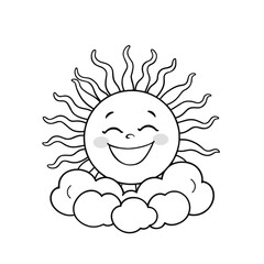 Smiling Sun Character in Clouds, Line Art Illustration
