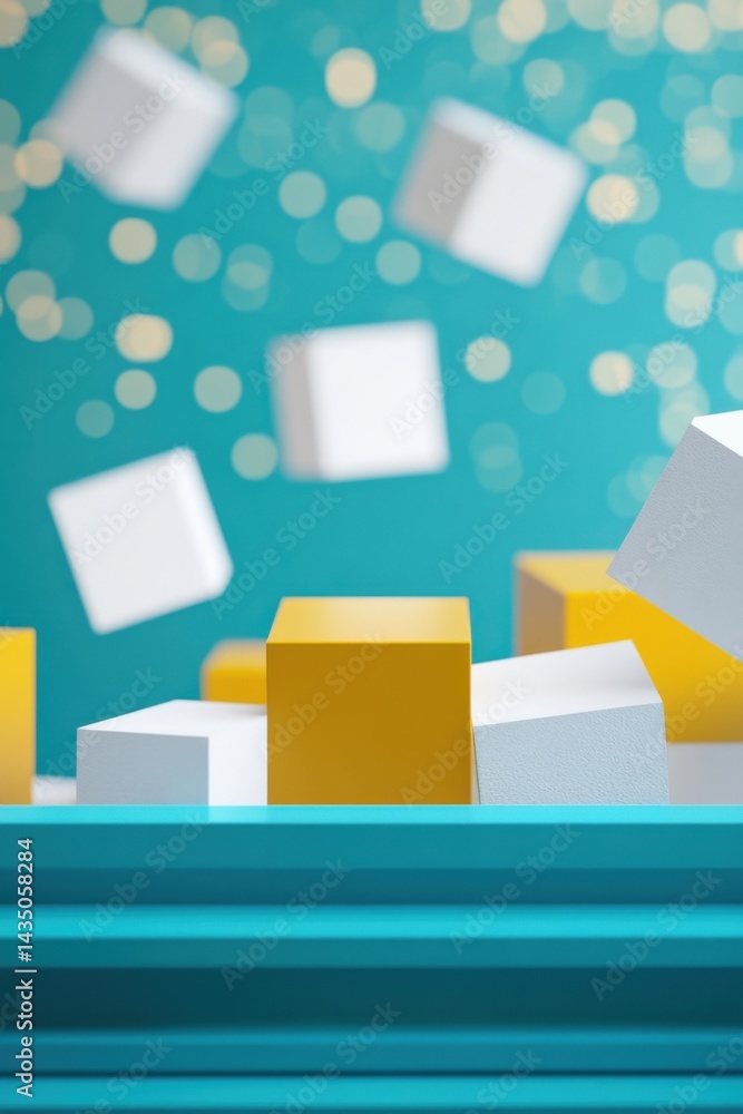 Poster abstract 3d render: floating cubes and teal background