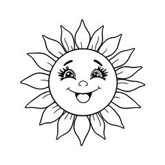 Cheerful Cartoon Sun with Outstretched Petals, Line Art Illustration