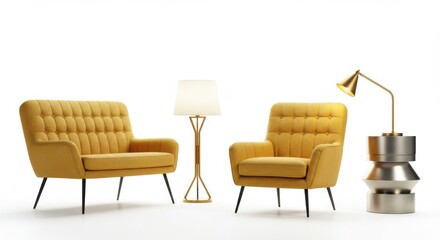 Modern yellow sofa and armchair with lamps interior design illustration