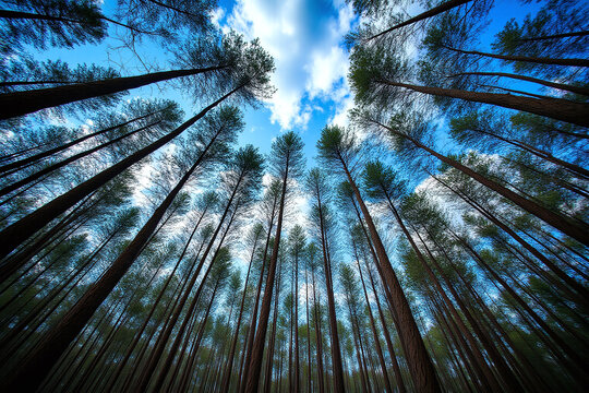 view of the tops of tall pine trees looking up at the sky