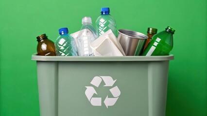 Recycling bin full of plastic bottles glass jars and metal cans on green background