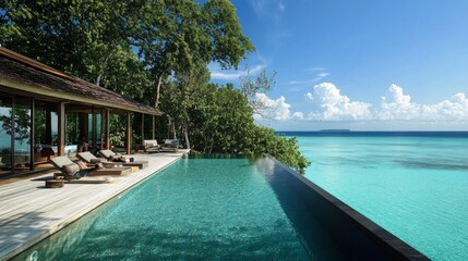 Obraz premium Tropical luxury retreat maldives landscape serene ocean views wide angle tranquil paradise oasis