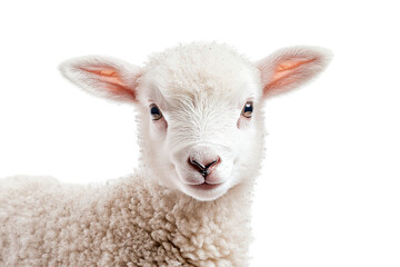 Fototapeta premium Sweet little lamb standing proudly on a white background showing off its fluffy wool coat
