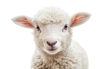 Fototapeta premium Fluffy white lamb looks directly at camera with innocent eyes against a clean white background