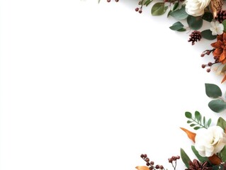 Autumnal floral border, white background, flat lay