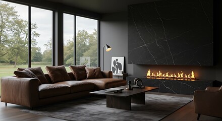 Fototapeta premium Modern Living Room with Fireplace and Stunning View