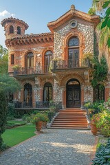Fototapeta premium Stone Mansion with Garden, and Sunny Day.