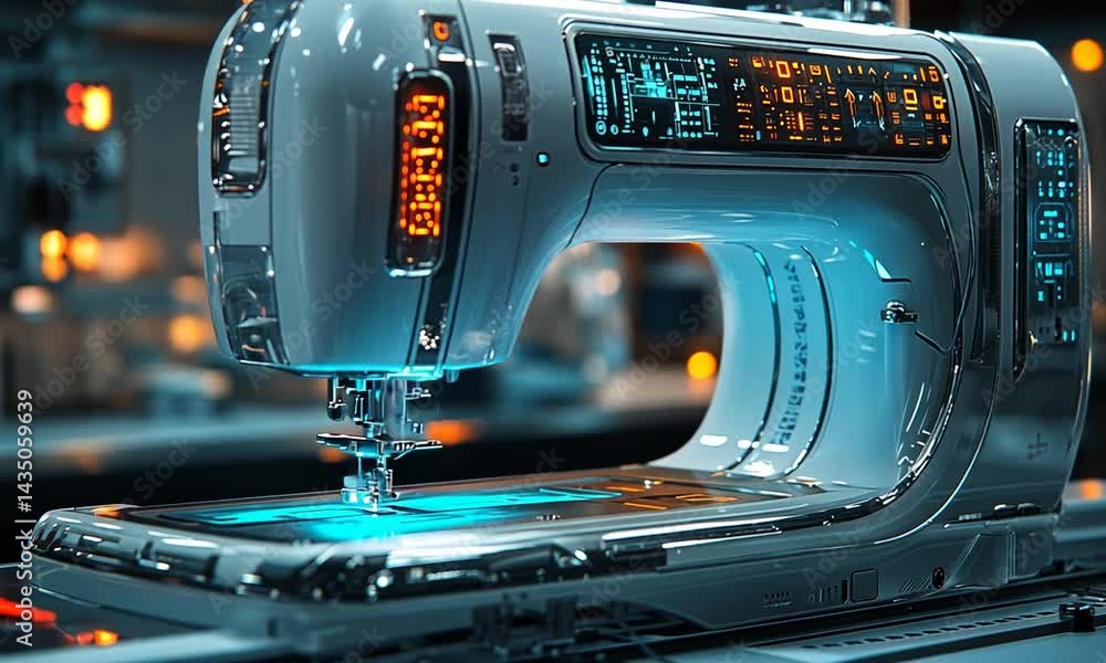Aufkleber modern sewing machine with illuminated controls in a high-tech workshop environment