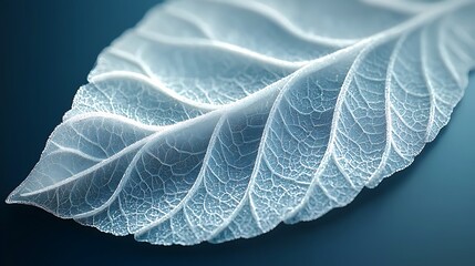 Obraz premium Close-up of a translucent leaf showcasing intricate vein patterns against a soft blue background