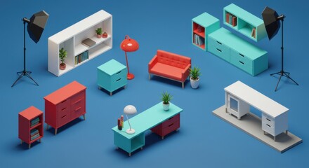 Obraz premium Stylized 3 d furniture collection on blue background
