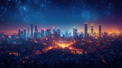 Obraz premium Night city skyline with starry sky