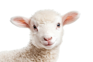 Fototapeta premium Adorable baby lamb with fluffy wool smiling sweetly while standing on a bright white background