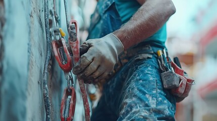 Construction Worker Using Tools on a Wall
