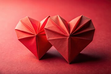 Scarlet toned Scene, Scarlet close-up of an origami heart made from vibrant red paper, ideal for romantic themes.