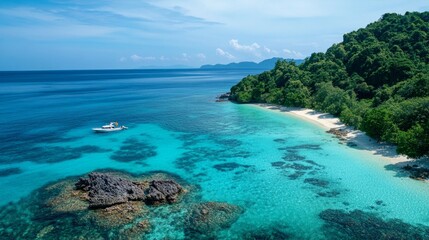 Naklejka premium Scenic boat adventure tropical beach aerial view coastal paradise serene atmosphere nature's beauty