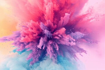 Abstract image of multicolored Holi paint splatters on a white wall, creating an artistic and energetic backdrop.
