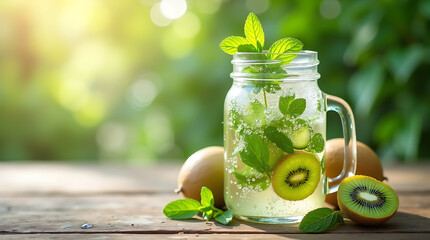 "A mason jar of kiwi and mint infused water with visible bubbles and fresh herbs,
