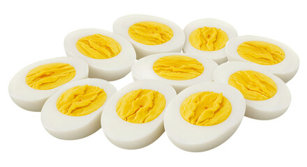 A close up view of sliced hard boiled eggs with bright yellow yolks png, jpeg, jpg, transparent background, white background. isolated on transparent background