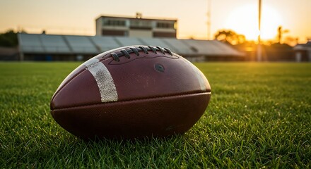 Football Resting on Green Grass Field at Sunset