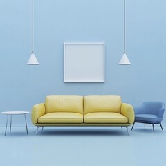 The room is filled with a colorful composition, including a mock poster, all rendered as a 3D illustration