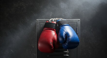 Boxing Gloves Hanging on Locker Red and Blue Gear