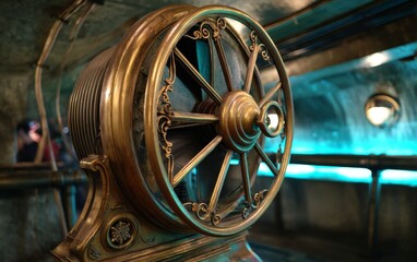 Obraz premium Close-up of an industrial steel exhaust fan in motion, blade edges slightly blurred, grease streaks radiating from the center hub