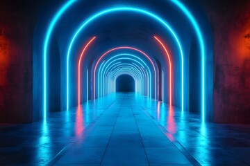 Fototapeta premium Futuristic neon tunnel with blue and red glowing arches reflective floor and sci-fi atmosphere
