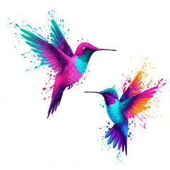 Obraz premium Fantasy world. Illustration of two paradise hummingbird bird isolated on a white background. Abstract watercolor drawing.